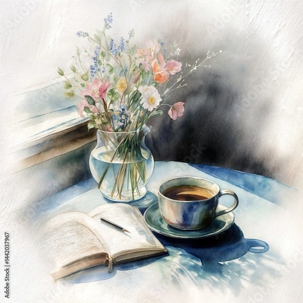 Obraz Watercolor still life of a morning coffee, bouquet of fresh flowers in a vase, and an open book with a pen on a sunlit table — calm and inspirational atmosphere