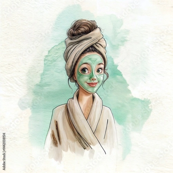 Obraz Watercolor illustration of a woman in a towel and bathrobe relaxing with a green clay face mask, surrounded by skincare products and houseplants — self-care and wellness vibes