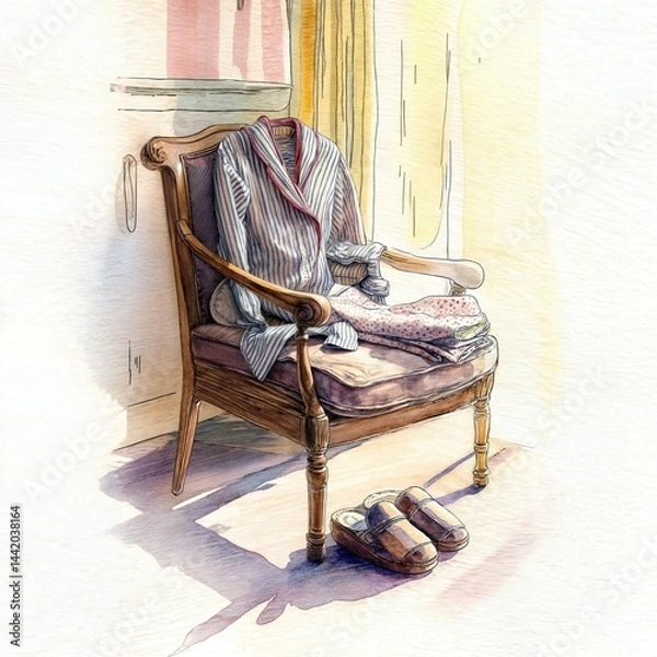 Obraz Watercolor-style illustration of a wooden chair with clothes draped over it and slippers on the floor, bathed in soft sunlight. Perfect for cozy home, minimalism, and lifestyle themes