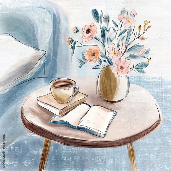 Obraz Watercolor still life of a morning coffee, bouquet of fresh flowers in a vase, and an open book with a pen on a sunlit table — calm and inspirational atmosphere