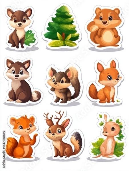 Fototapeta Playful cartoon animals and a tree design create a cheerful scene, perfect for kids' illustrations, educational materials, or digital stickers in nature-themed projects,