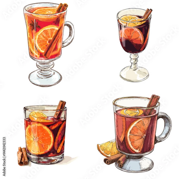 Fototapeta Hand-drawn illustration of hot mulled wine with orange slices and cinnamon sticks in glass mugs. Watercolor sketch style, perfect for winter drinks, festive menus, and cozy designs.

