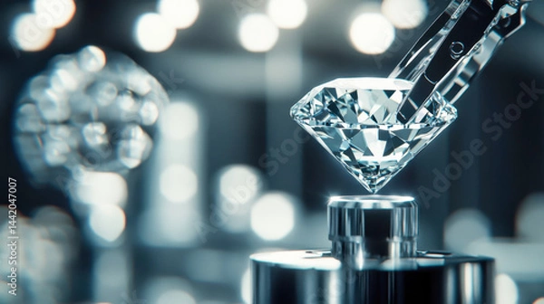 Fototapeta Exquisite diamond held by precise robotic tongs in a sparkling display setting