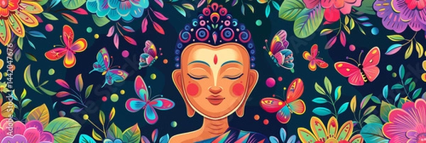 Obraz Buddha head illustration with leaves, flowers