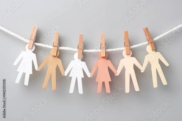 Fototapeta Chain of Paper Dolls in Neutral Colors Hanging on a String Against a Soft Background, Illustrating Unity and Diversity in Design