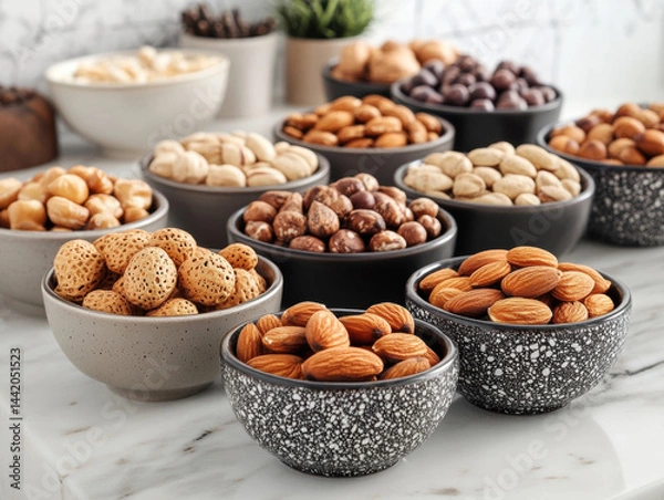 Fototapeta Variety of nuts displayed in bowls on a marble countertop