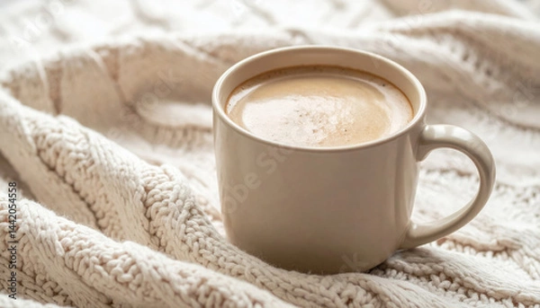 Fototapeta Warm coffee in beige mug resting on cozy knitted blanket creates comforting atmosphere perfect for relaxation. soft texture of blanket enhances inviting scene