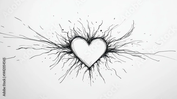 Fototapeta Ink heart, exploding lines, white background.