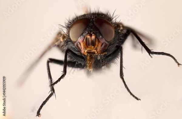 Fototapeta Macro Close-Up of a Bluebottle Flys Head , Calliphora vomitoria with Detailed Compound Eyes and Bristly Features