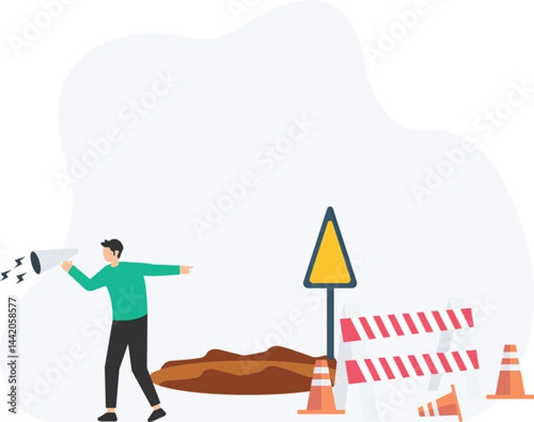 Fototapeta Construction worker holding megaphone and pointing at a hole in the ground next to a warning sign and some traffic cones, informing of a potential hazard

