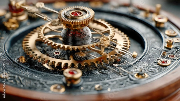 Fototapeta Intricate close-up of antique clock gears in a mechanical timepiece, showcasing precision, symmetry, and golden cogs