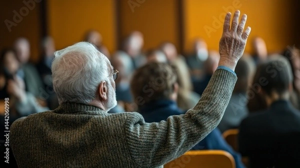 Obraz An elderly man raised his hand to speak at a local council meeting, engaging with fellow attendees who listened attentively in a community setting. The atmosphere was focused and participatory