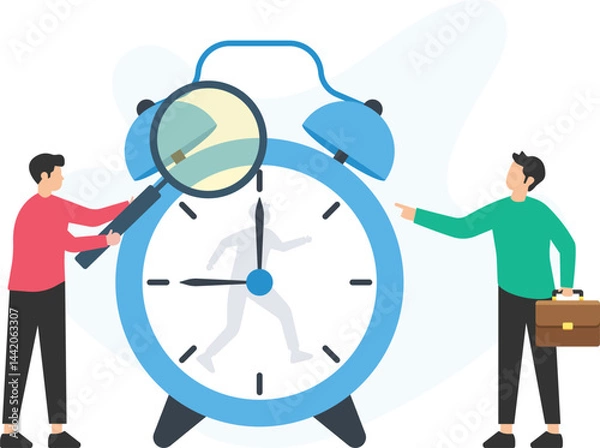 Fototapeta Two businessmen are analyzing time management, with one holding a magnifying glass over a large clock and another pointing at it, symbolizing the importance of efficient scheduling and productivity


