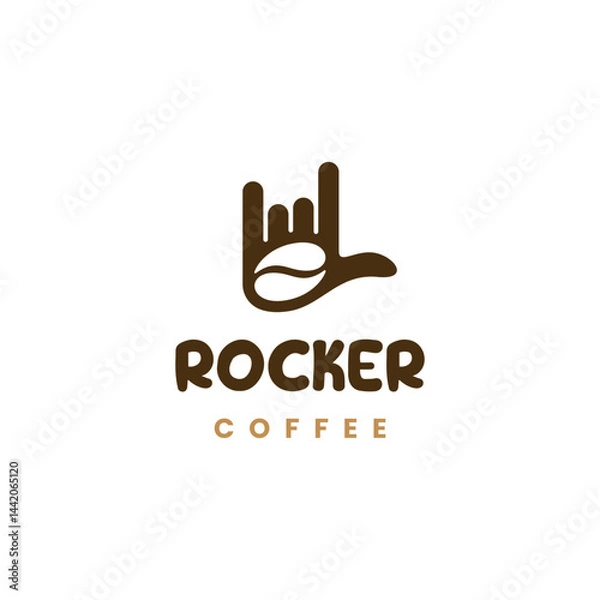 Fototapeta rock hand gesture with coffee bean. finger style sign and symbol. rock cafe logo concept