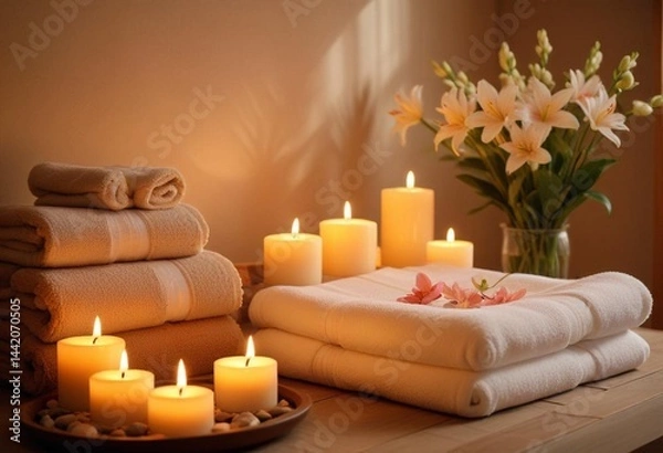 Obraz Spa towels and lit candles arranged neatly on a wooden table, creating a serene and relaxing atmosphere