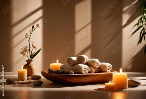 Obraz A serene spa setting featuring lit candles and neatly arranged towels, creating a calming atmosphere for relaxation