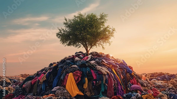 Fototapeta A tree growing through a landfill of discarded clothes, symbolizing sustainability and environmental awareness, Fast fashion waste, Pollution environmental issues, Nature and waste concept

