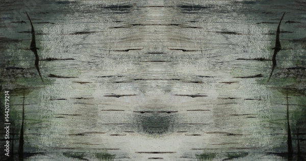 Fototapeta Gray-green texture of birch bark with abstract patterns. Wooden surface with natural pattern, background.