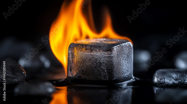 Fototapeta Ice cube on fire, Melting ice cube burning flame. The contrast between fire and ice, heat and cold concept