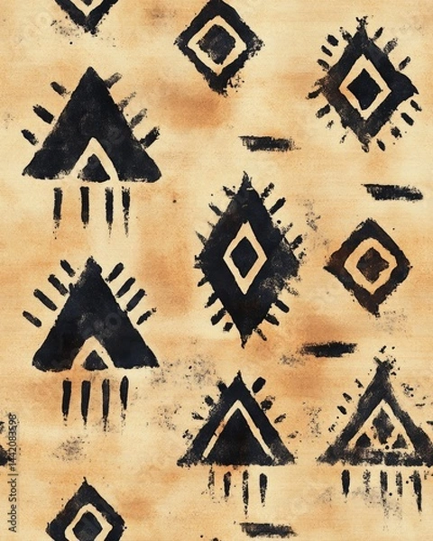 Obraz Geometric patterns in black on textured beige background create