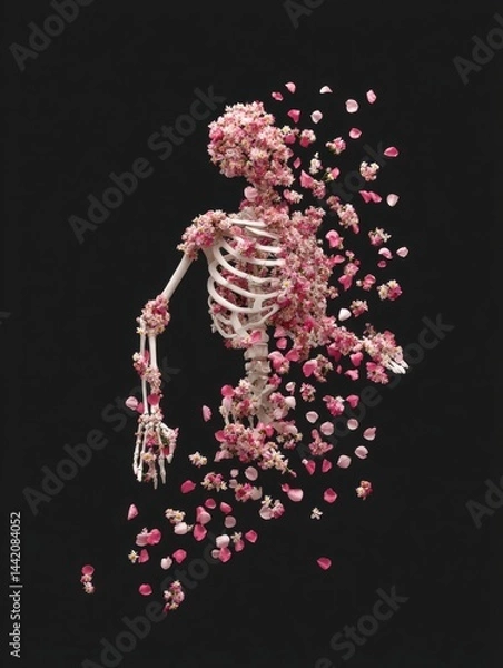Obraz Fragmented skeleton surrounded by vibrant petals symbolizes life