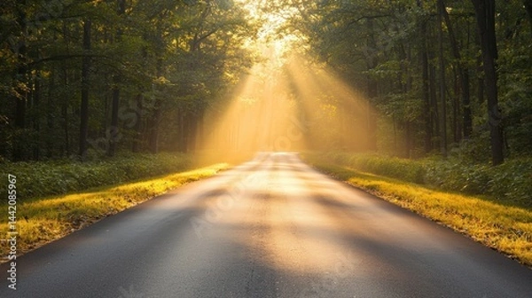 Obraz A winding road through a forest, with sunlight filtering through the trees.
