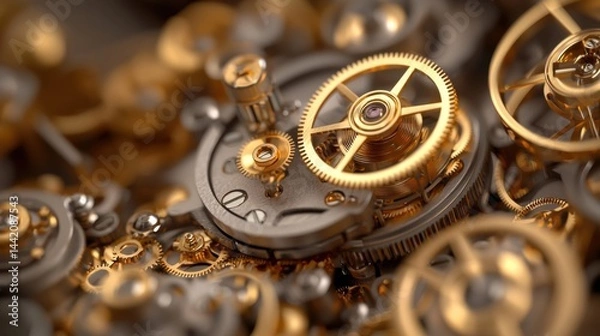 Obraz A close-up view of a complex mechanical clock mechanism, showcasing intricate gears and components.