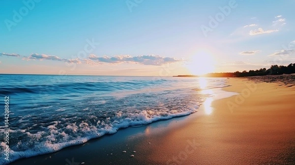 Fototapeta Sunlight reflects on gentle waves as the day ends at a serene beach in the evening