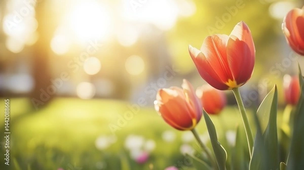 Fototapeta Vibrant tulips bloom in a sunlit garden during springtime, creating a colorful landscape filled with life and warmth