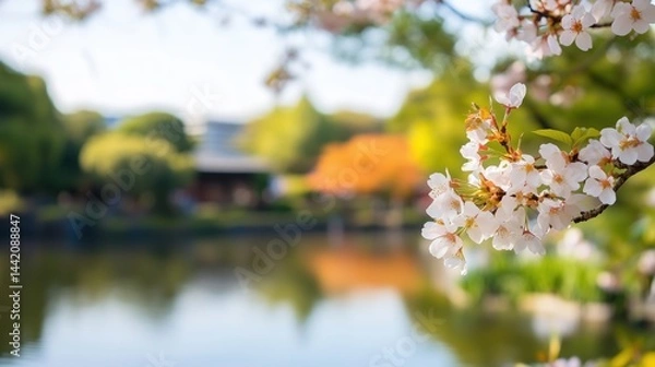 Fototapeta Cherry blossoms bloom near serene lake in tranquil garden during springtime afternoon