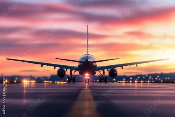 Fototapeta Airplane on the runway at dusk