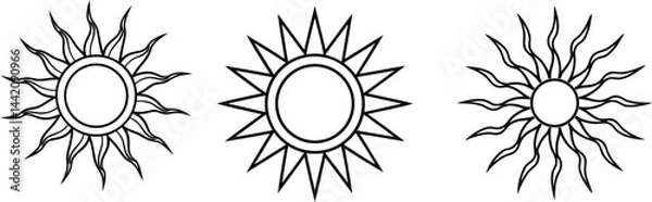 Fototapeta A series of three stylized sun designs, each with a circular center and radiating rays showcasing a simple and artistic interpretation of sunlight.