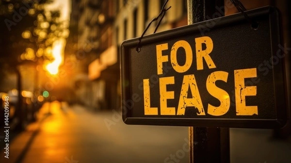 Fototapeta A black and yellow "For Lease" sign hangs on a city street at sunset, indicating available property in an urban area.