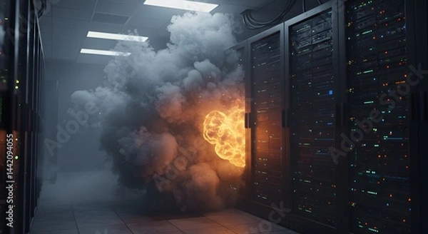 Fototapeta Server room fire emergency scene