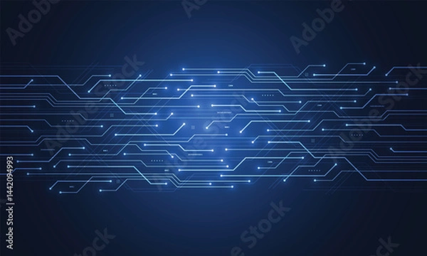 Fototapeta Abstract blue glowing line technology circuit board background design. Communication dot and line speed internet concept. Vector illustration