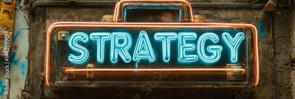 Fototapeta Neon Glowing Outline Briefcase Sign With The Word Strategy In Teal Against A Textured Background