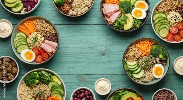 Fototapeta Overhead view of several bowls of healthy food on a blue wood table