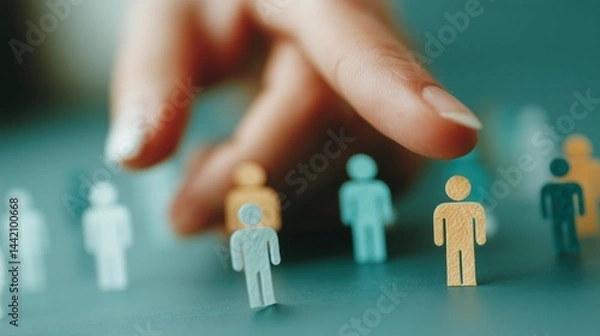 Fototapeta Unique Talent Selection Concept, Finger Pointing at a Yellow Figure Among Others, HR, Personal Selection, Artificial Intelligence in Hiring, Leadership Potential Assessment, Corporate Team Building