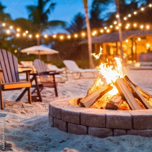 Obraz Beach Bonfire Night: A crackling bonfire casts a warm glow on a tranquil beach scene at dusk, creating a magical atmosphere with comfortable adirondack chairs and string lights.