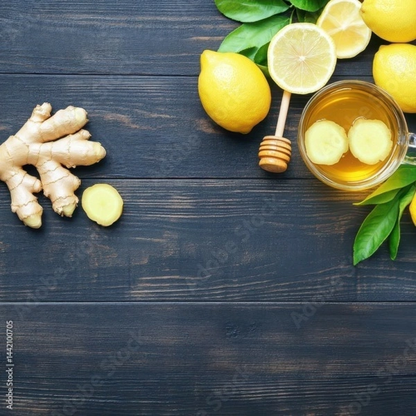 Obraz Zesty Remedy: A revitalizing composition of zesty lemons, aromatic ginger, and golden honey, artfully arranged on a rustic dark wood surface.