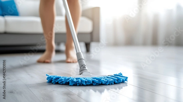 Fototapeta Close up view of a person using flat mop to clean up on the floor at home. Cleaning floor with mop, Cleaning and hygiene, Home care and cleaning concept