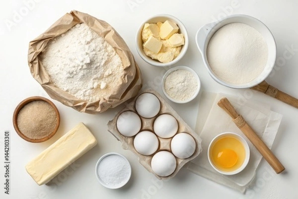 Obraz Assorted baking ingredients beautifully arranged in a flat lay for culinary inspiration.