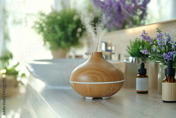 Obraz Diffuse diffuser on table, with flowers in background.