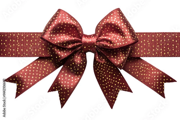 Fototapeta Shiny red ribbon with golden polka dots, tied into a festive and charming holiday bow, isolated on a transparent background