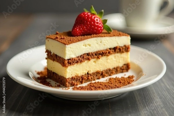 Fototapeta Individual portion of tiramisu, showcasing texture & coffee saturation , image, cake, confection