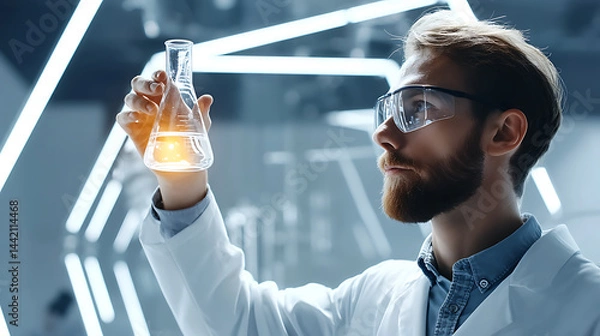 Obraz Scientist Examining a Flask with Glowing Liquid in Lab