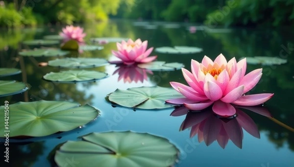 Fototapeta Intricate water lilies bloom across serene lake surface, aquatic plants, pattern, texture