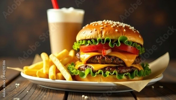 Fototapeta Close-up of greasy burger, fries, and milkshake on white , American food, classic
