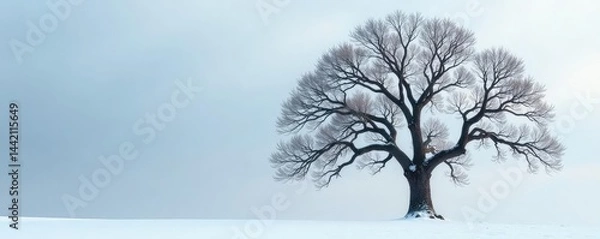 Fototapeta A single majestic oak tree on a snowy background, frozen, bare branches, snow