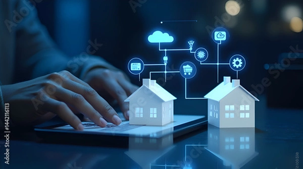 Fototapeta Property or real estate concepts with owner developer using model houses reflect the tangible spaces now governed by intelligent technology, offering a glimpse into the future of residential convenien